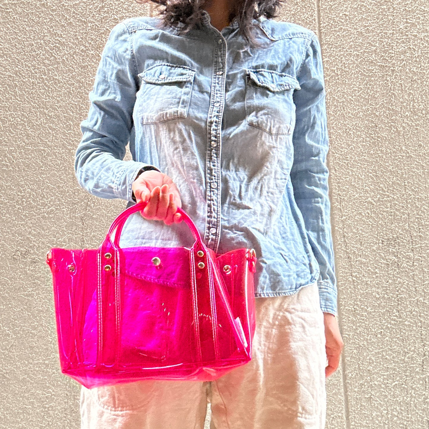 Color PVC Clear Bag (All Clear Shallow Tote, Medium) Pink