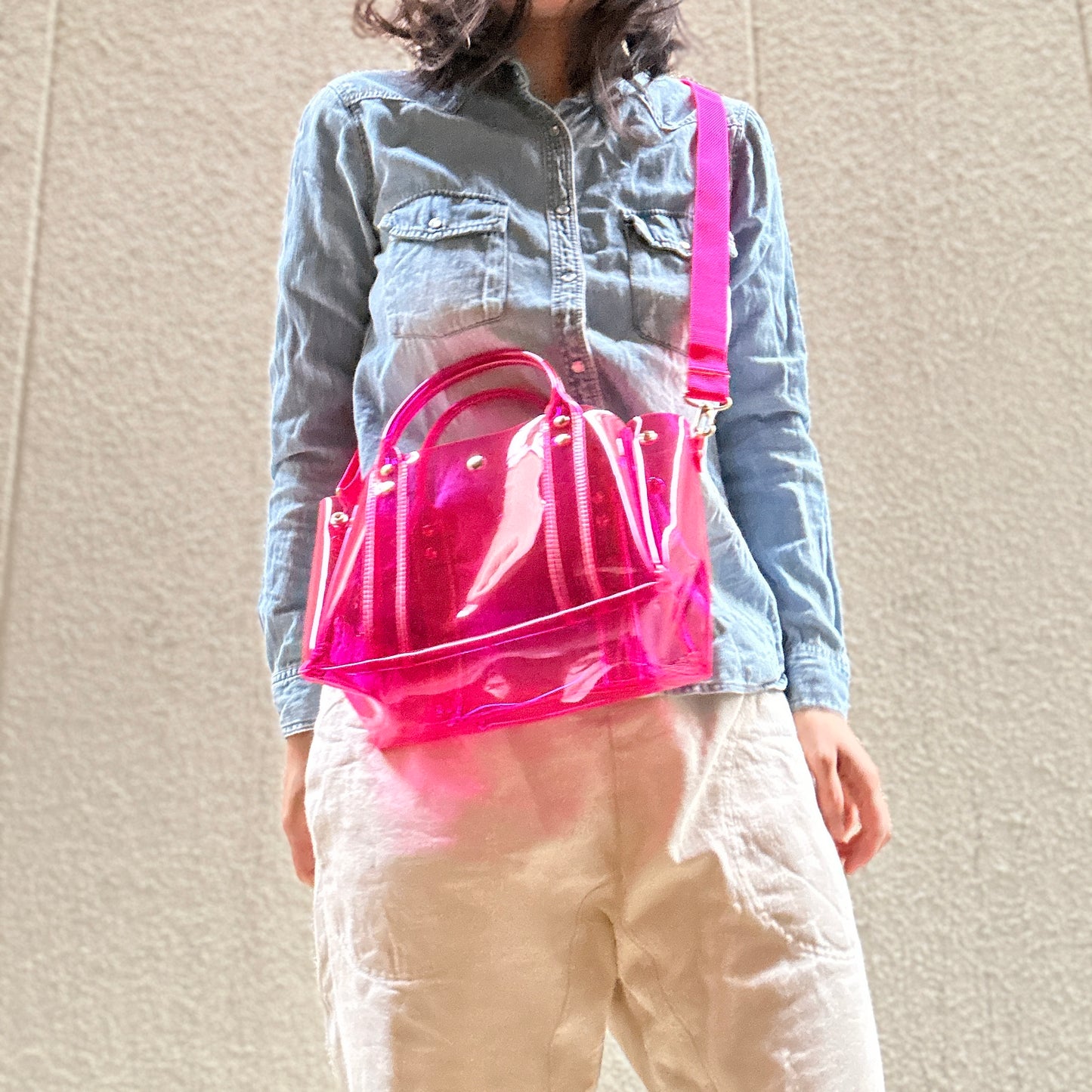 Color PVC Clear Bag (All Clear Shallow Tote, Medium) Pink