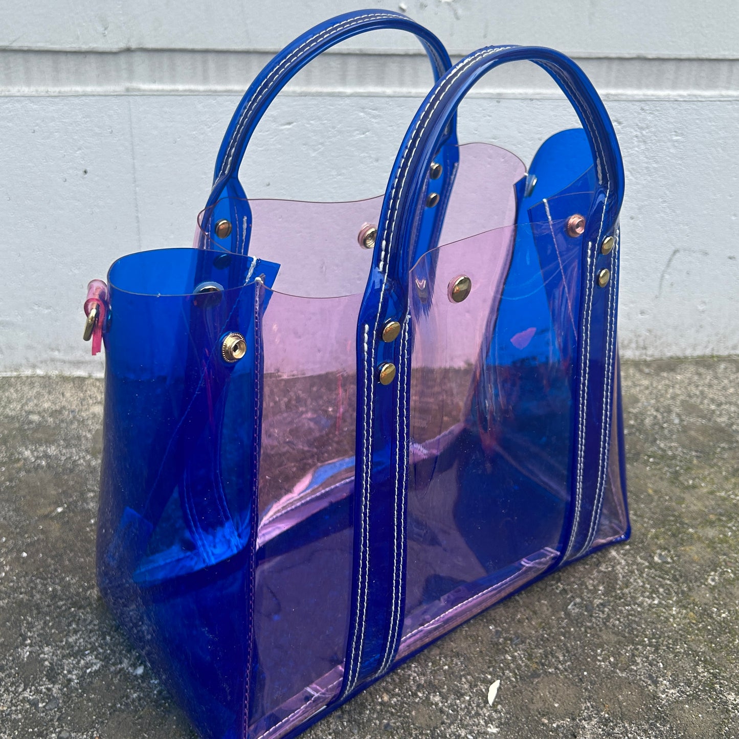 Colored PVC(ClearHandle)ToteL/Blue&LightPink