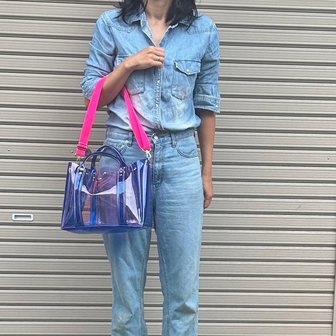 Colored PVC(ClearHandle)ToteL/Blue&LightPink