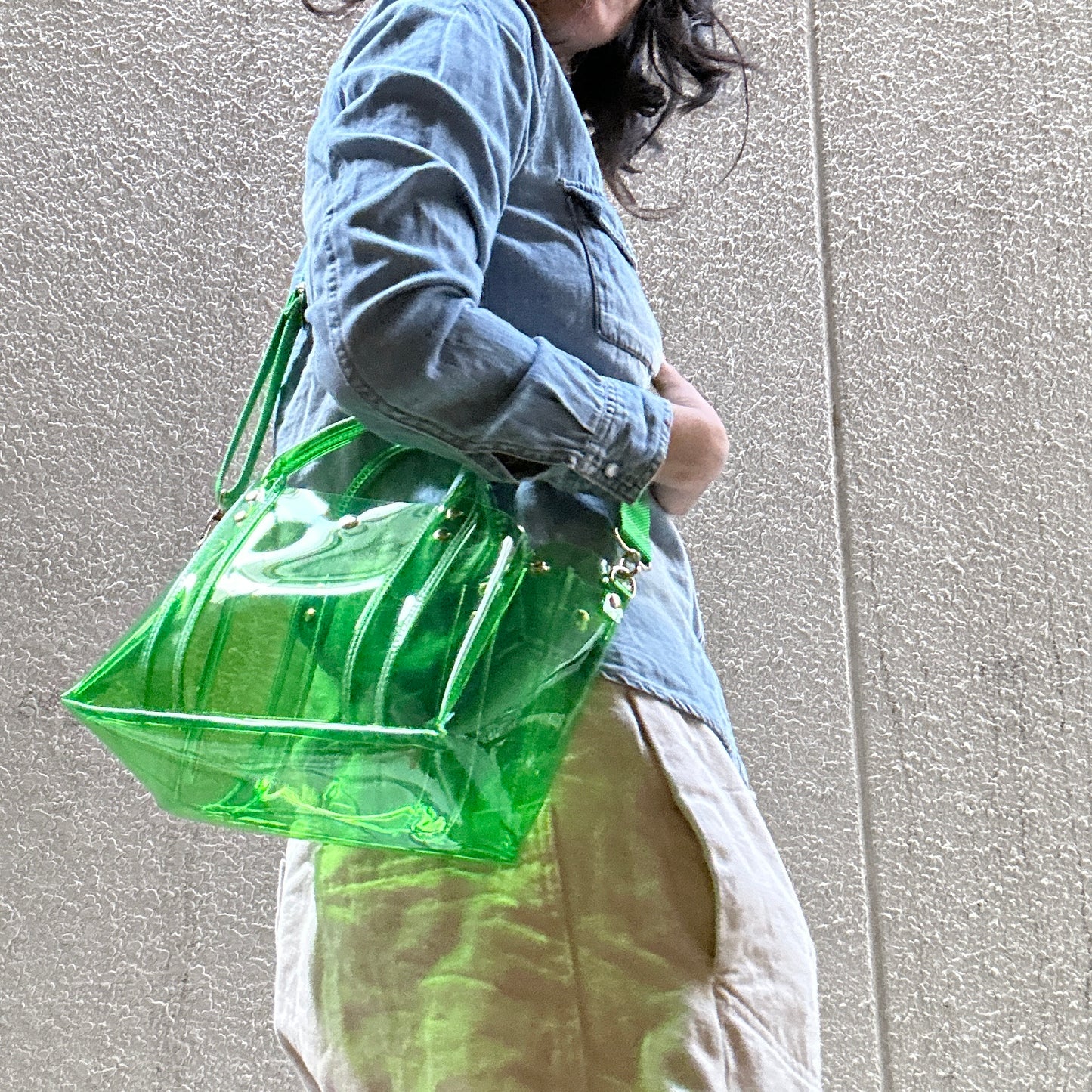 ＜5月中旬＞追加生産中＜新作＞カラーPVCクリアバッグ（オールクリアトートL) グラスグリーン