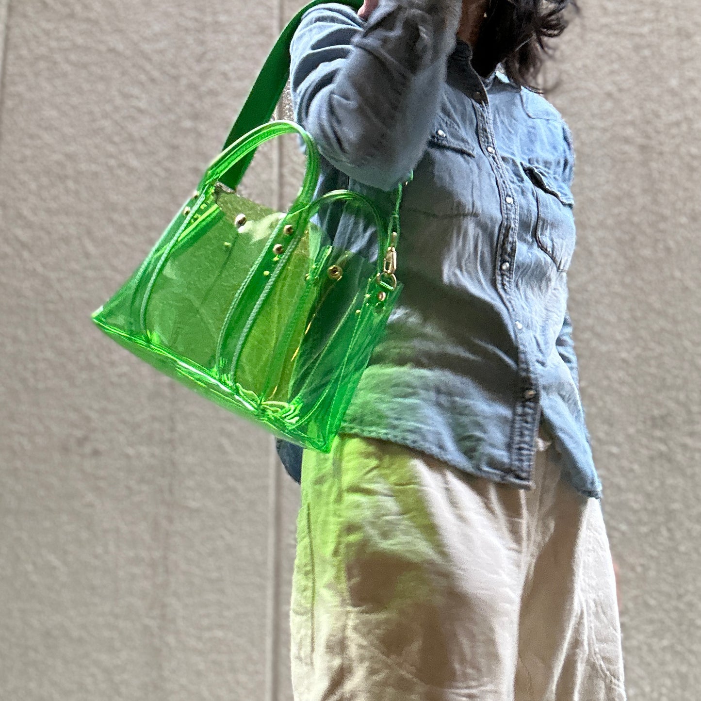 ＜5月中旬＞追加生産中＜新作＞カラーPVCクリアバッグ（オールクリアトートL) グラスグリーン