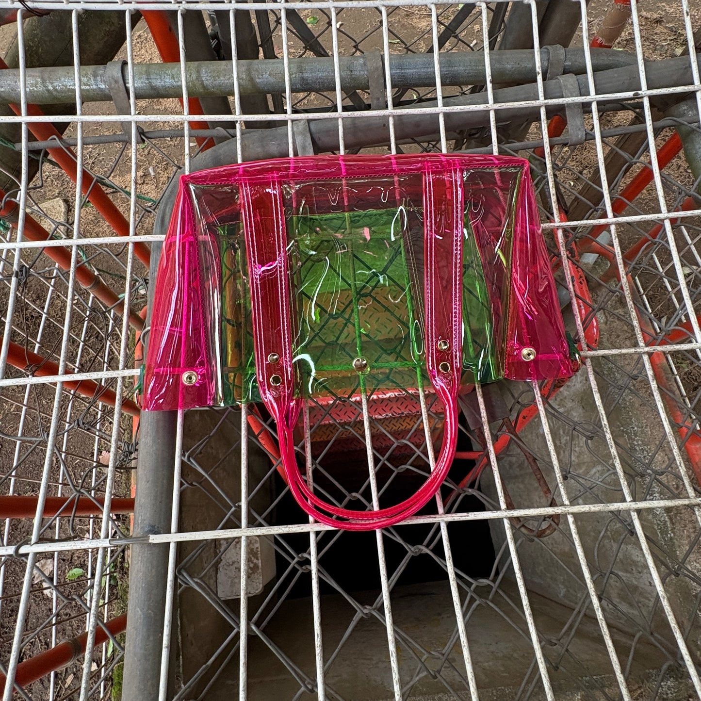 ＜Limited Edition Color＞Colored PVC (Clear Handle) Tote L / Green & Pink