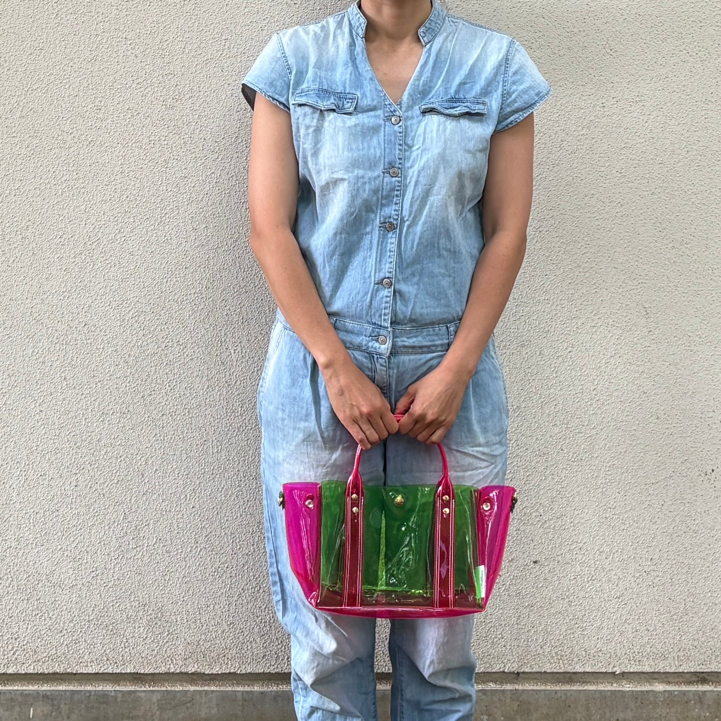 ＜限定カラー＞Colored PVC(ClearHandle)ToteM/Green&Pink