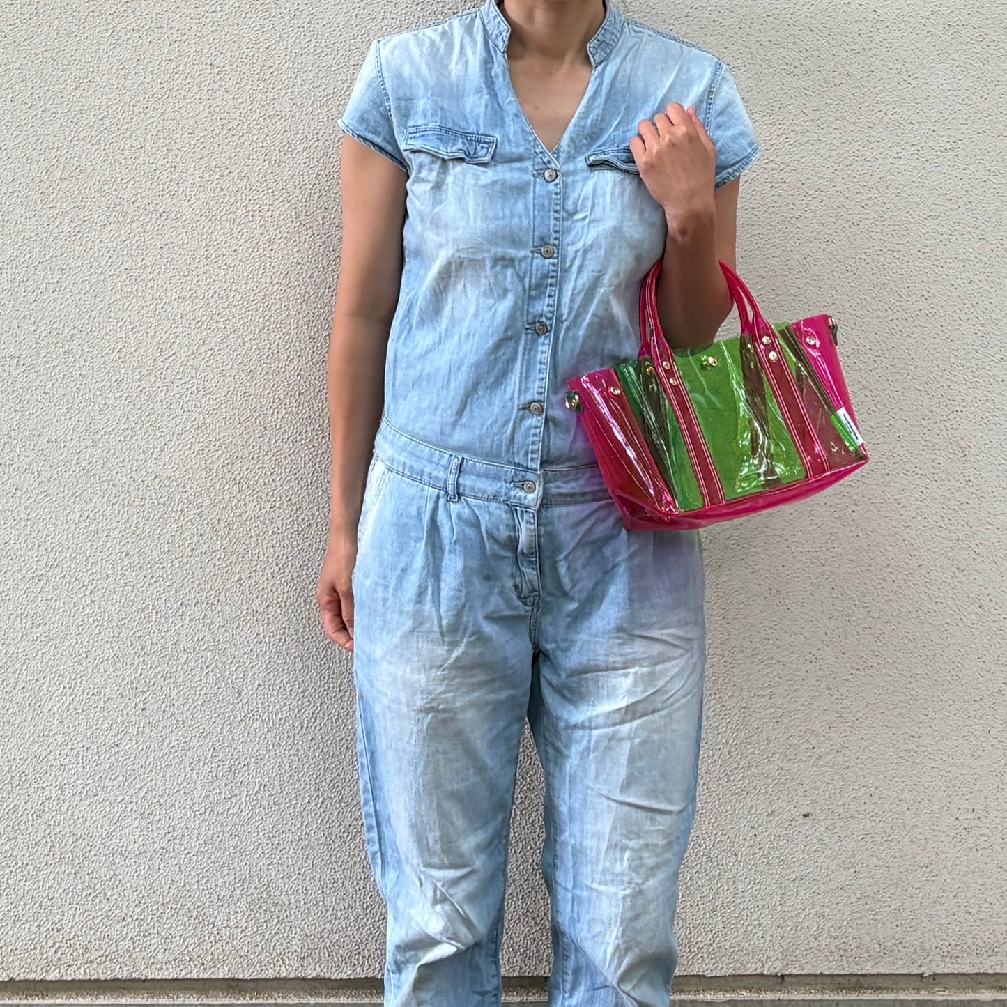 ＜限定カラー＞Colored PVC(ClearHandle)ToteM/Green&Pink