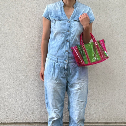 ＜限定カラー＞Colored PVC(ClearHandle)ToteM/Green&Pink
