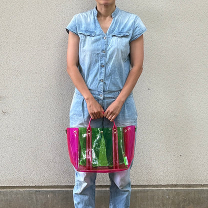 ＜Limited Edition Color＞Colored PVC (Clear Handle) Tote L / Green & Pink