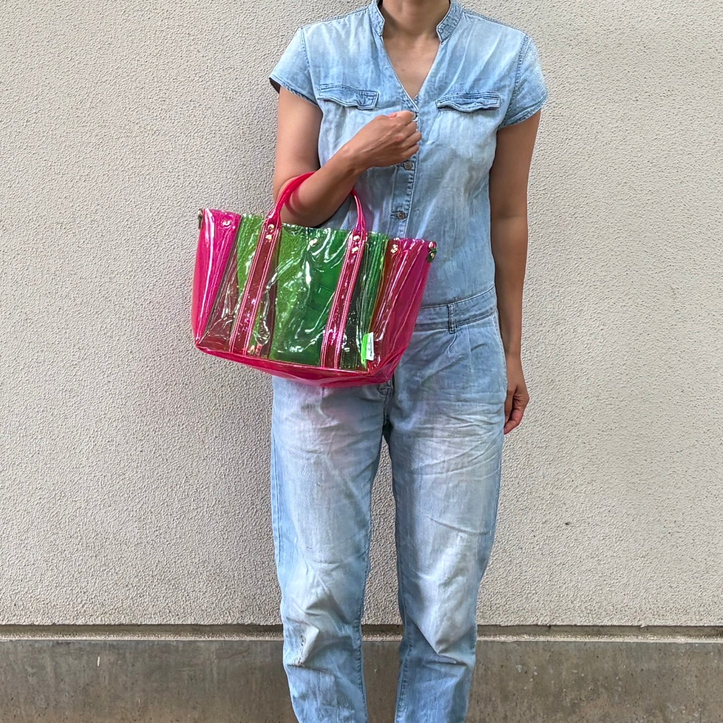 ＜Limited Edition Color＞Colored PVC (Clear Handle) Tote L / Green & Pink