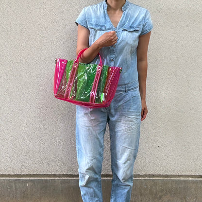 ＜Limited Edition Color＞Colored PVC (Clear Handle) Tote L / Green & Pink