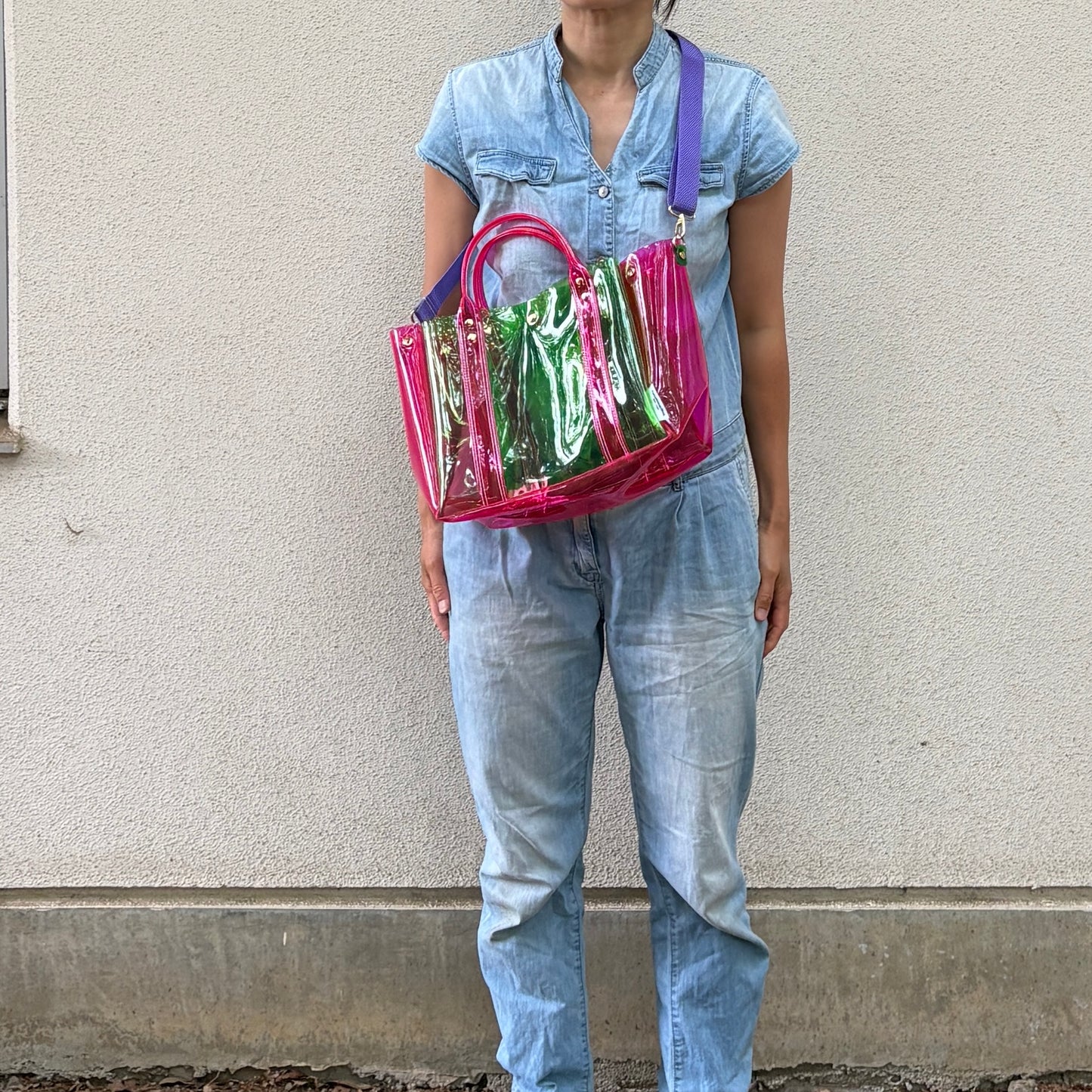 ＜Limited Edition Color＞Colored PVC (Clear Handle) Tote L / Green & Pink