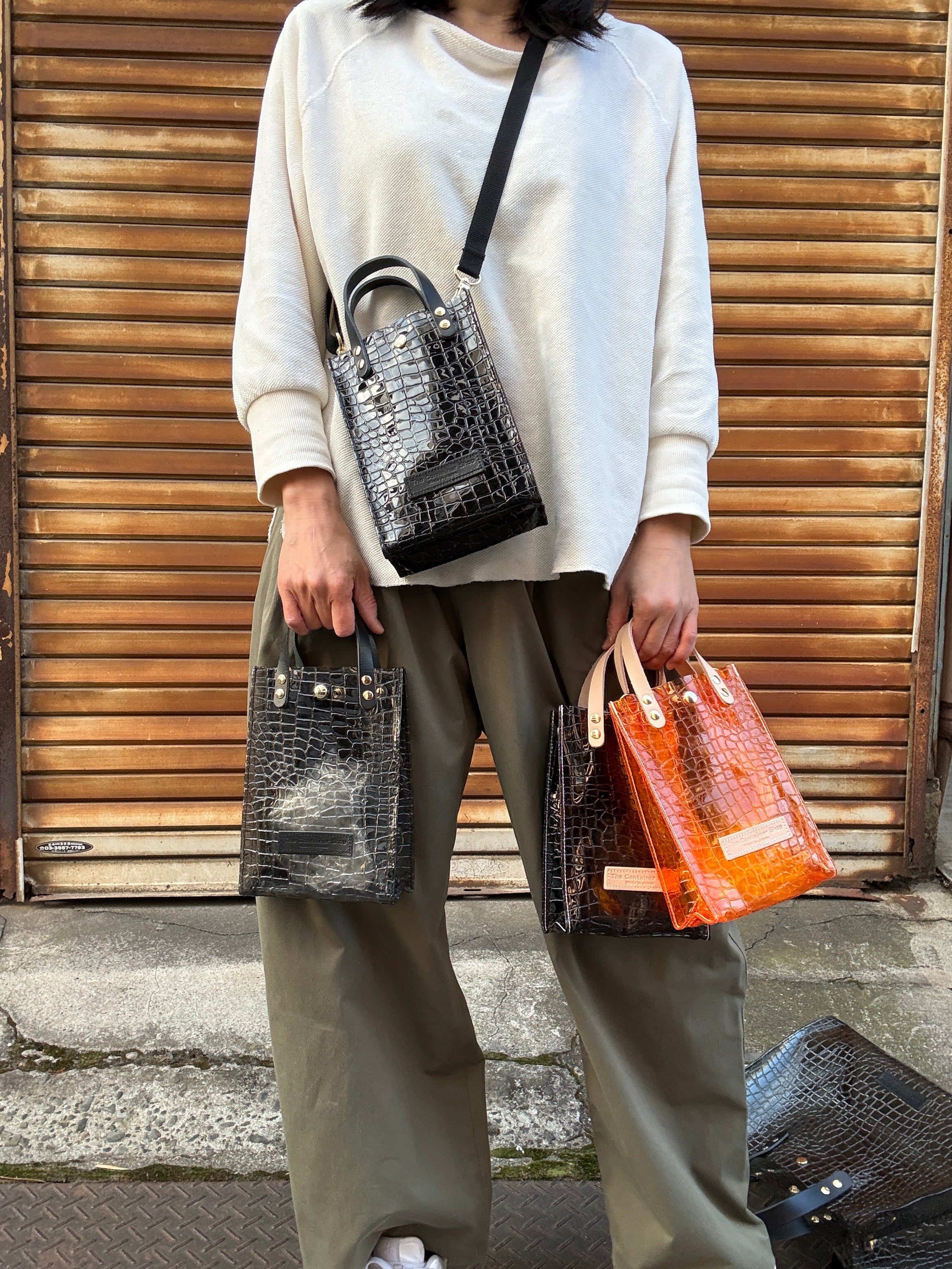 Colored PVC(LeatherHandle)Pochette/🐊Crocodile Black