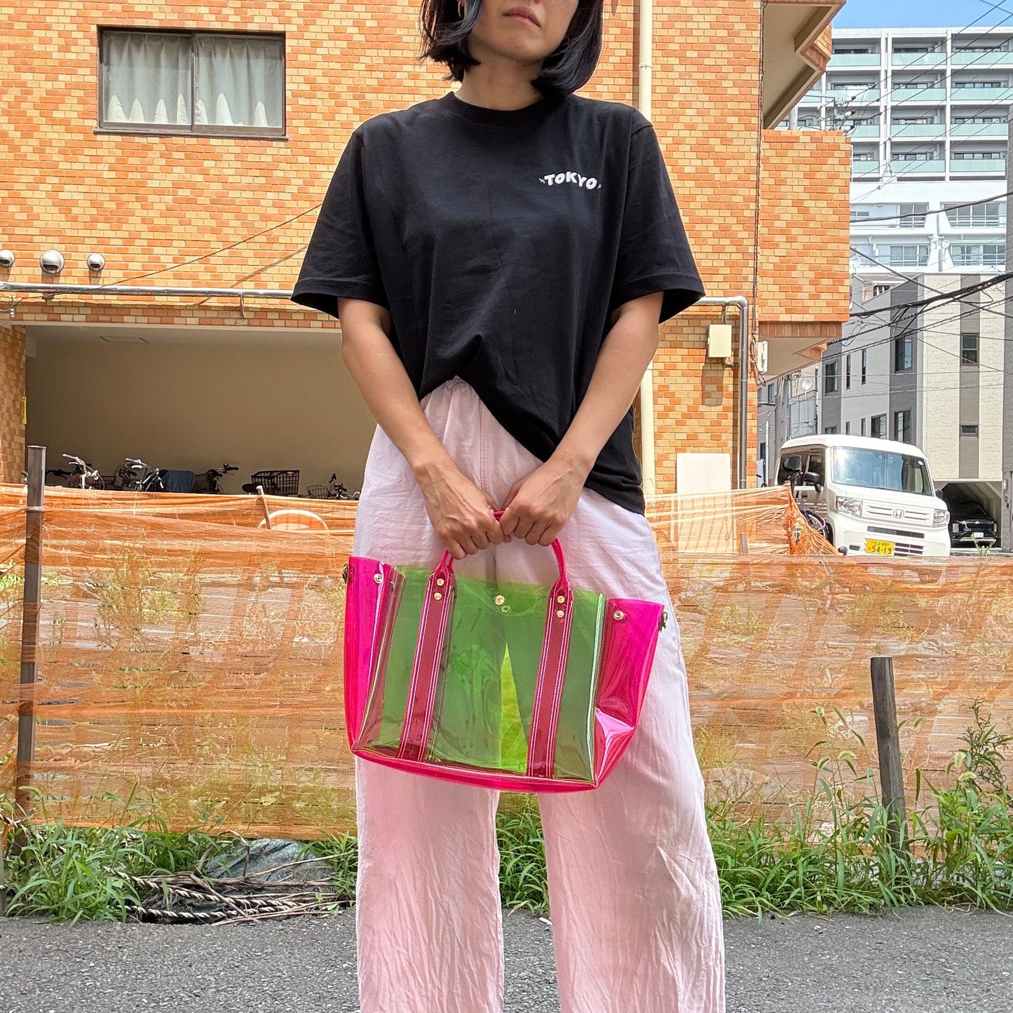 ＜限定カラー＞Colored PVC(ClearHandle)ToteL/Green&Pink