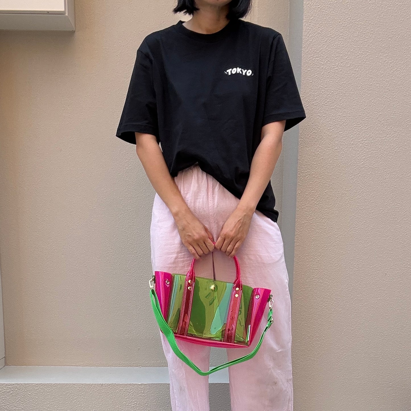 ＜限定カラー＞Colored PVC(ClearHandle)ToteM/Green&Pink
