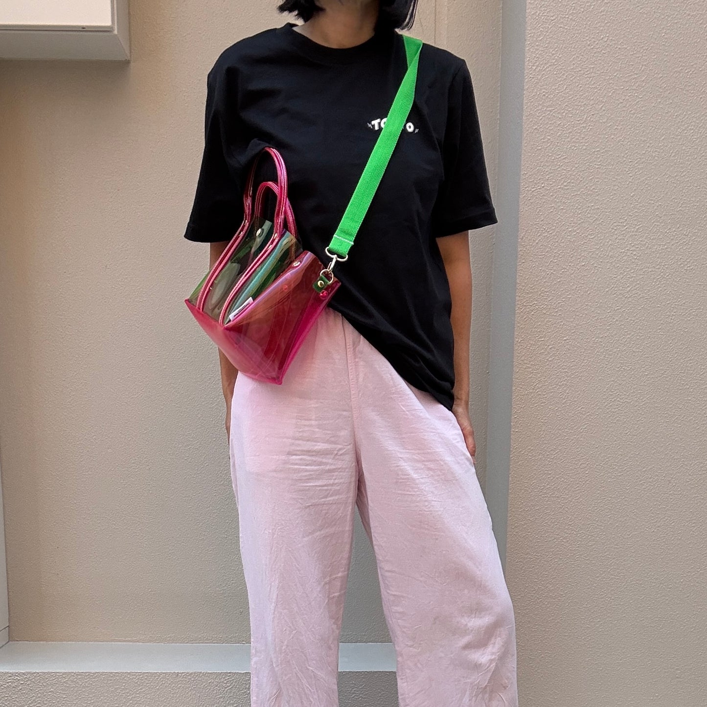 ＜限定カラー＞Colored PVC(ClearHandle)ToteM/Green&Pink
