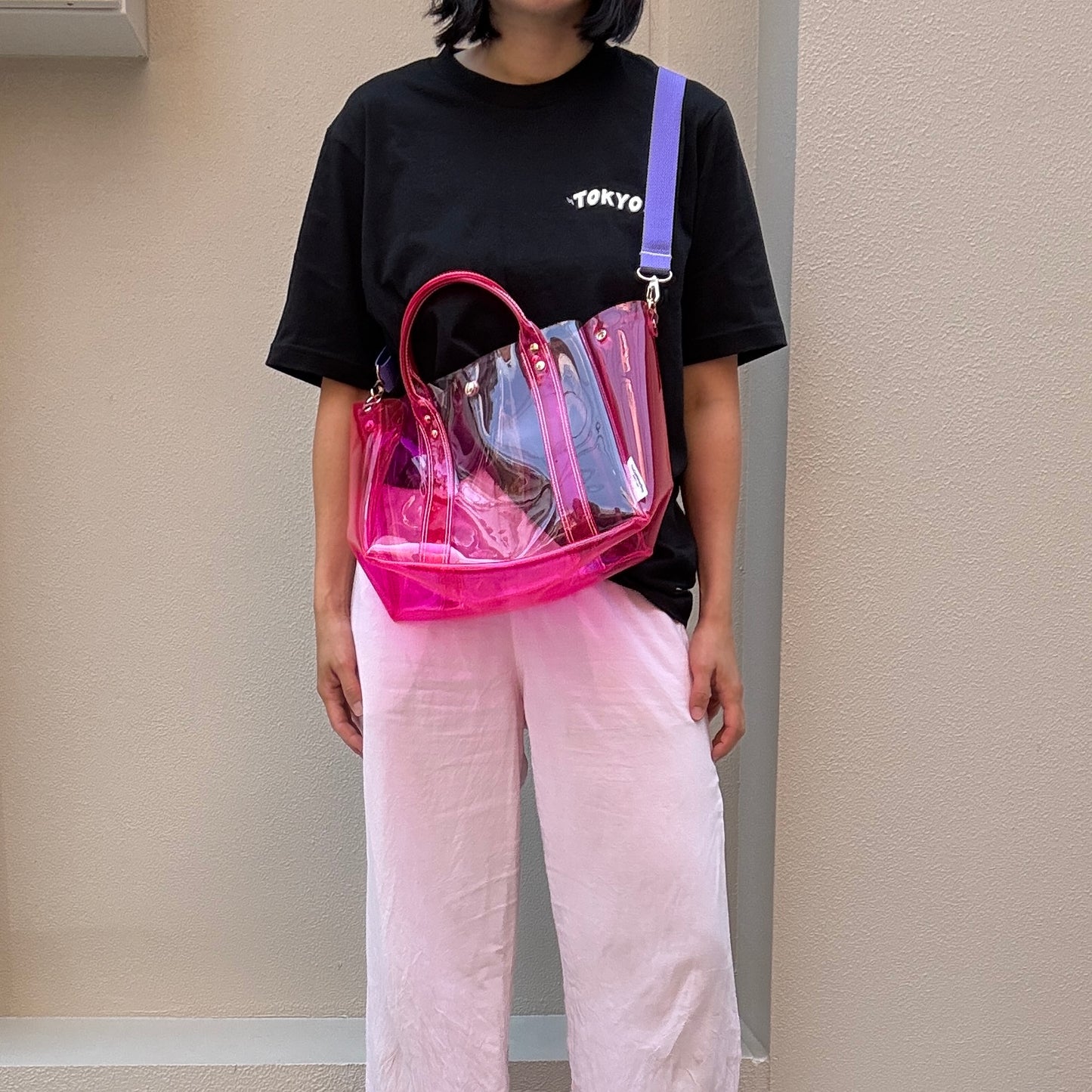 ＜限定カラー＞Colored PVC(ClearHandle)ToteL/Two-Tone Pink