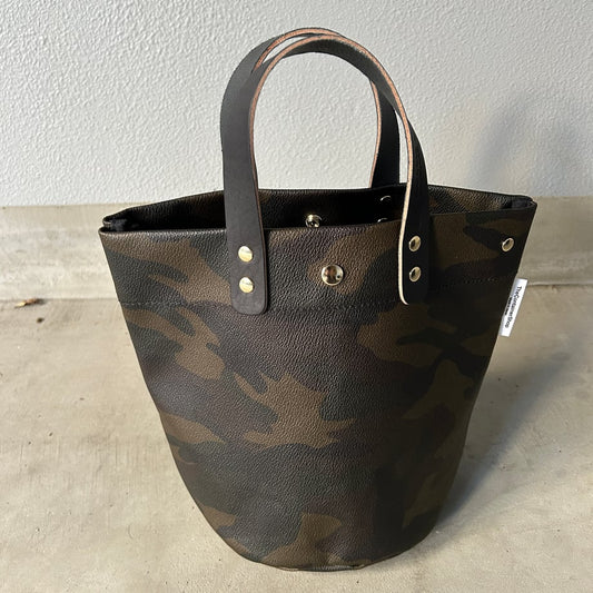 "Lightweight and wipeable" PVC-coated (round-bottom tote) in dark camouflage