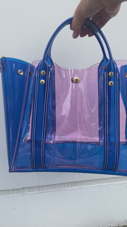 Colored PVC(ClearHandle)ToteL/Blue&LightPink